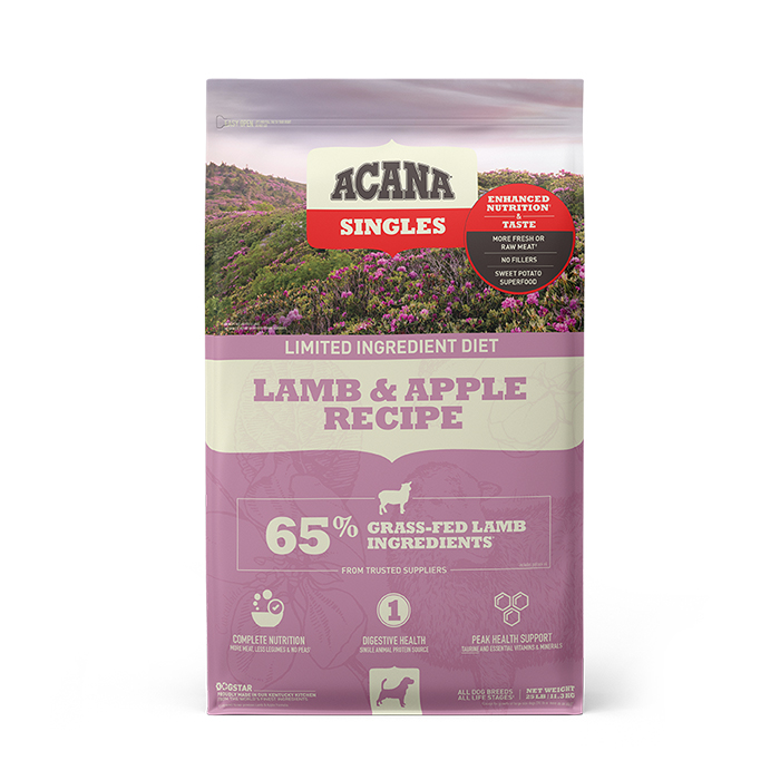 3. DS ACANA Singles Dog Lamb & Apple Recipe Front 25lb
