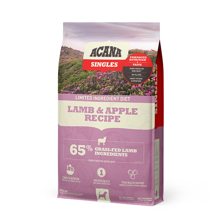 3.1. DS ACANA Singles Dog Lamb & Apple Recipe Front 25lb