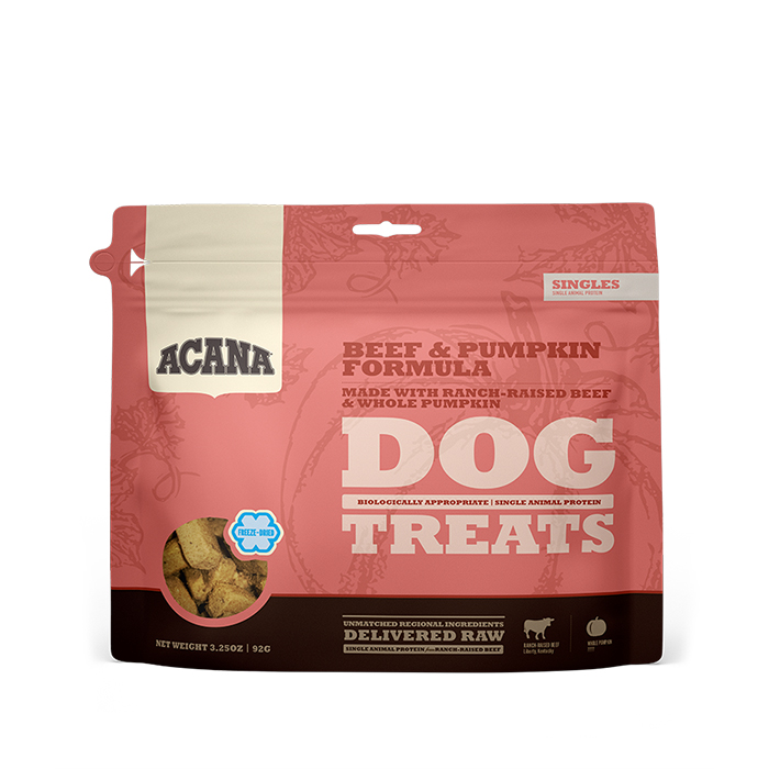 1. DS ACANA Singles Dog Treats Beef & Pumpkin Front 3.25oz